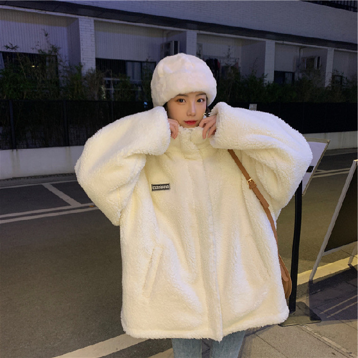 Picture of Vertical Collar Lamb Wool Thickened Letter Cotton-padded Coat Cotton-padded Jacket Women's 2025 Autumn and Winter Loose Korean Style Small Sweatshirt