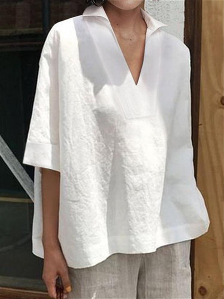 New European and American Summer V-neck Cotton Linen Short-sleeved Blouse All-match Color Loose Casual Top Shirt