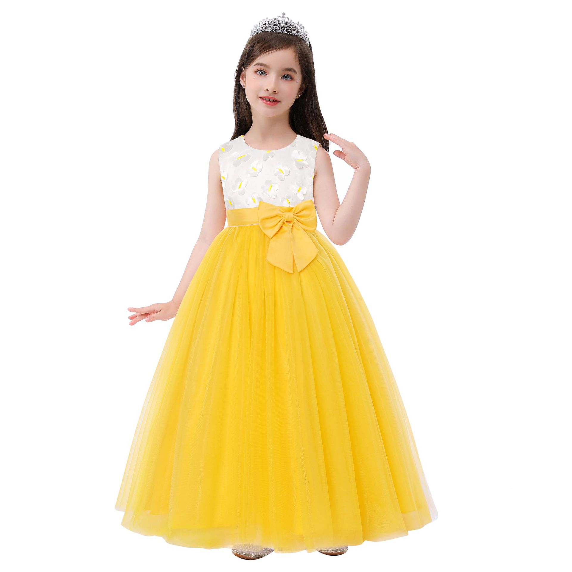 Foreign trade children's dress long wedding dress dress mesh bow dress Festival party piano performance clothing ins