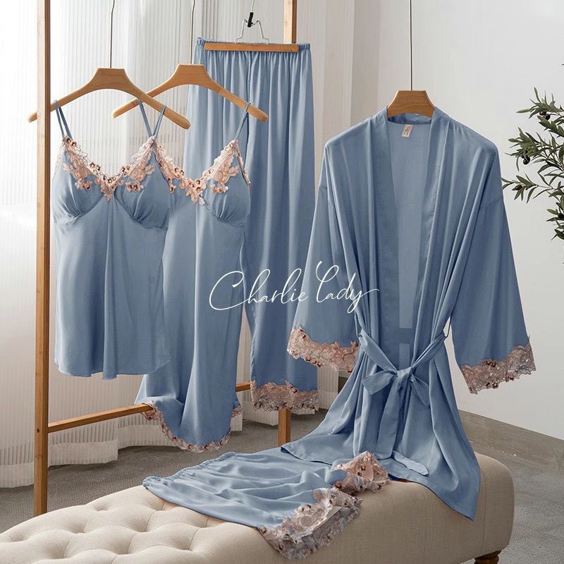 Picture of Spring and Autumn Pajamas Ice Silk Women's Spring and Summer Sexy Pajamas Five-piece Set Satin Nightgown Sling Nightgown with Chest Pad Home Clothes