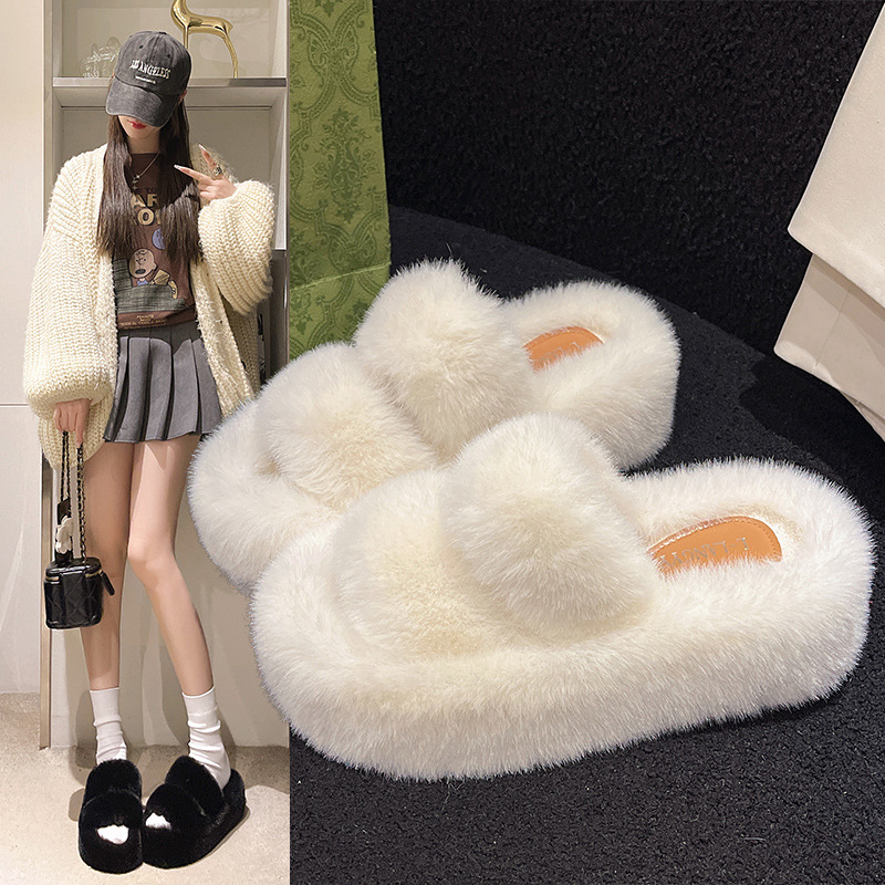 Furry Slippers for Women's Outer Wear 2024 New Spring, Autumn and Winter Internet Celebrity Plush Furry Slippers Thick-Soled Cotton Slippers