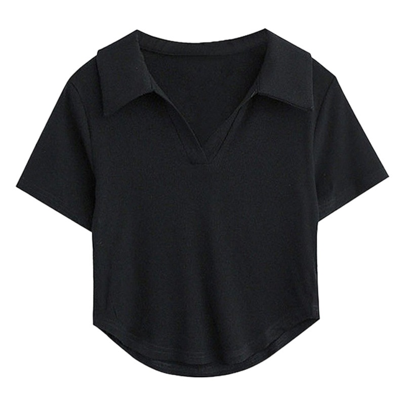 Polo Collar Right Shoulder White T-Shirt Women's Short-Sleeved Summer Slim Design Unique Short Fishbone Top
