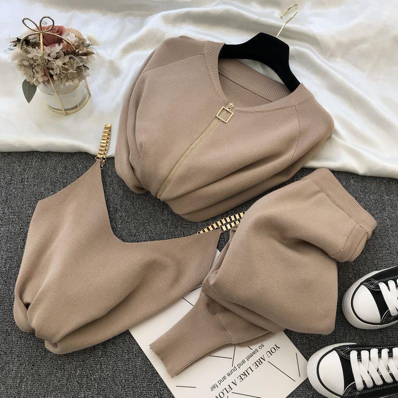 Women's Autumn suit Korean Fan Sweet Elegant Vest Knitted Jacket Leg Stretch Pants Three-piece Set suit Women
