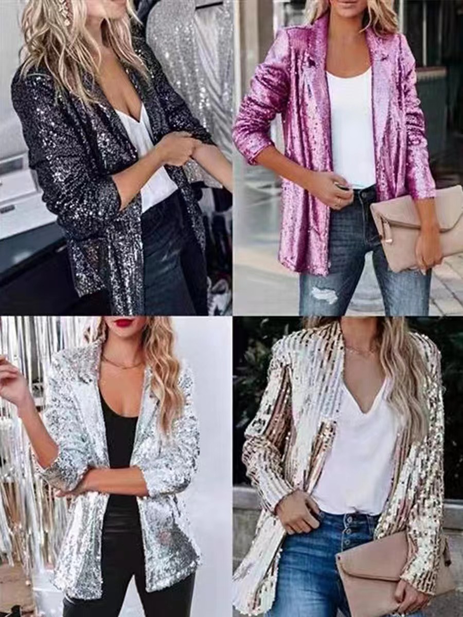 Picture of European and American Amazon Cross-border New Commuter Style Solid Color Cardigan Suit Collar Long Sleeve Casual Sequin Suit Jacket Women