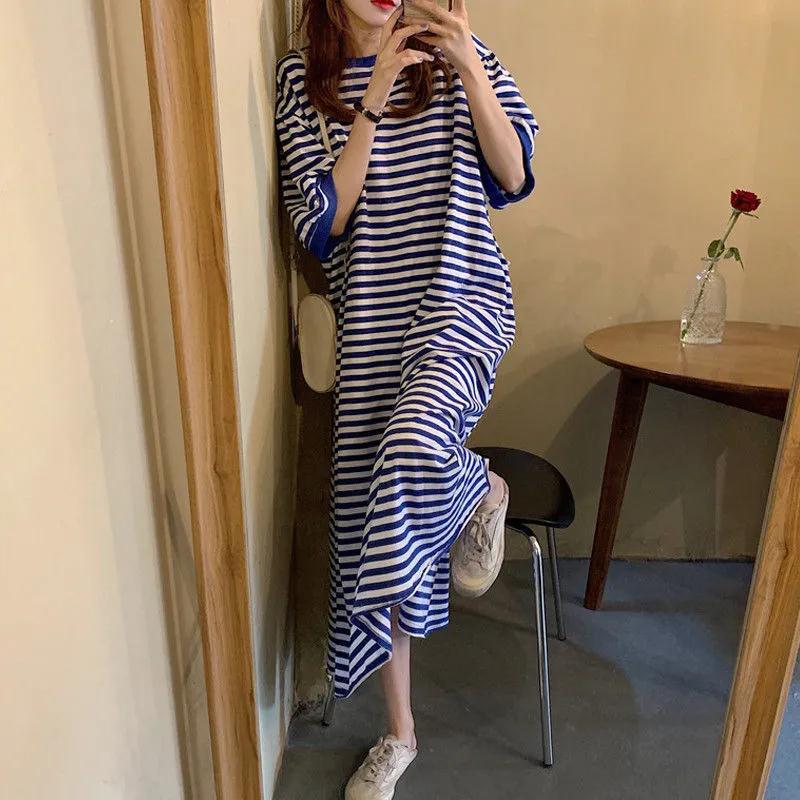 Design Sense Saltable Sweet Black and White Striped dress Women's 150.00kg Summer chubby girl Women's plus size Loose T-Shirt Dress