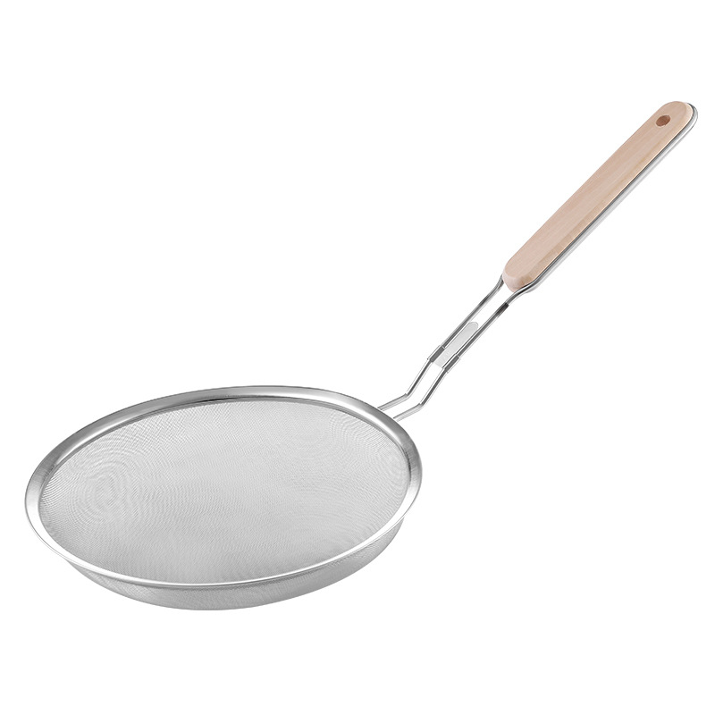 Picture of 201 stainless steel colander wooden handle punching oil grid 40 mesh flour sieve baking tools Kitchen Dumpling fishing filter