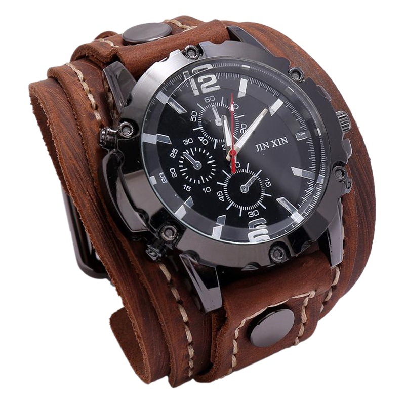 European and American domineering men's jewelry personalized multi-layer hand stitching retro cowhide watch punk style wide leather bracelet
