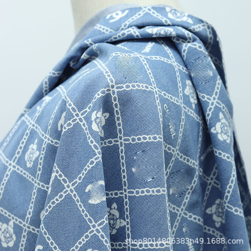 Picture of High D Camellia Printed Washed Denim Fabric Clothing Fabric Handmade DIY Clothes Jacket Pants