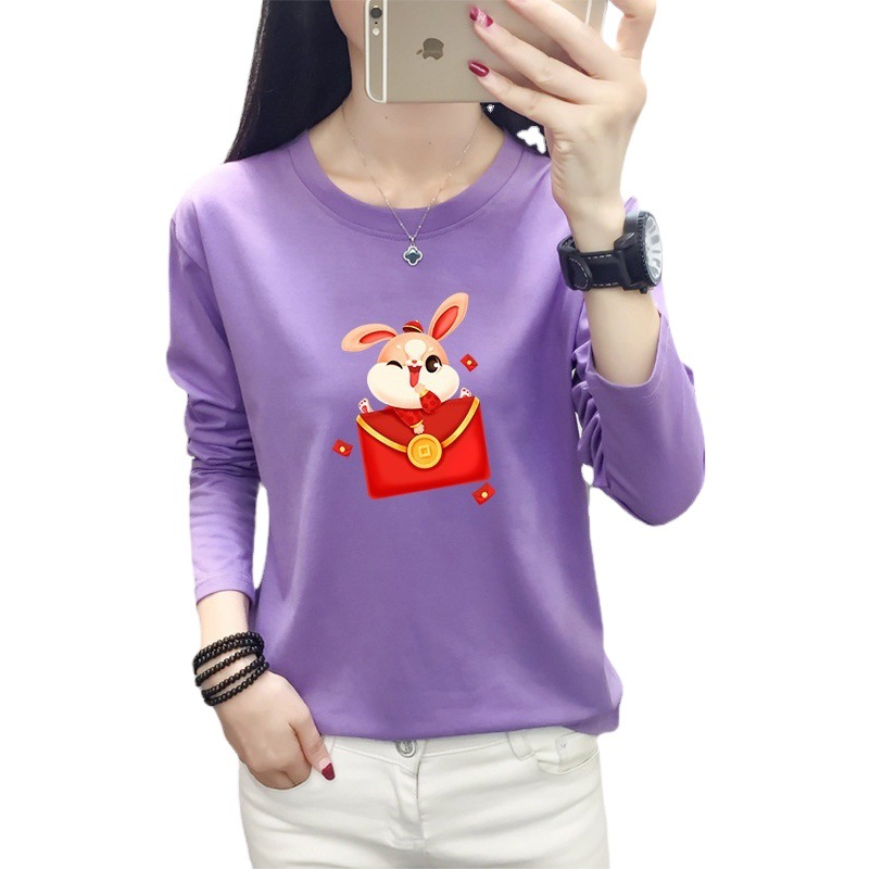 Spring Long-sleeved Festive Printed Red Women's T-shirt Cross-border Couple's Round Neck Top Loose Elastic Base for Rabbit Year