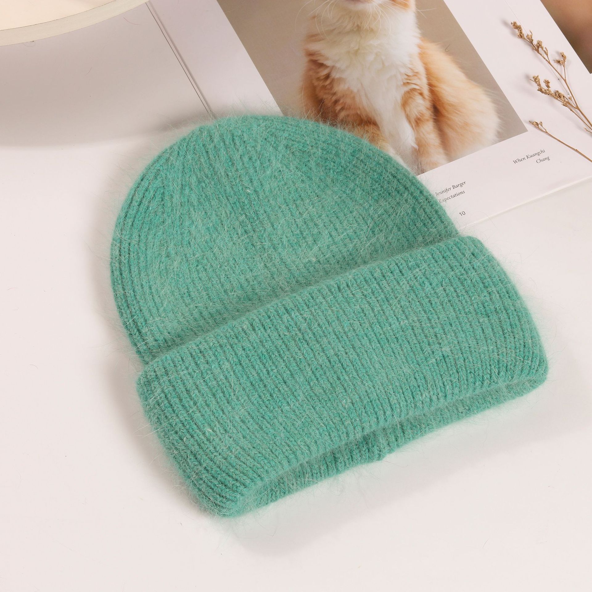 Picture of Korean Winter Knitted Hat with Large Brim for Women, Windproof Pullover Round-Top Adult Rabbit Fur Wool Hat