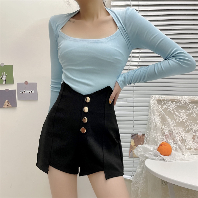 Korean Style Button Decorative Fashion Wide Leg Pants Hot Pants High Waist Shorts New Style Outer Wear 2023 Slim A- Shed Autumn