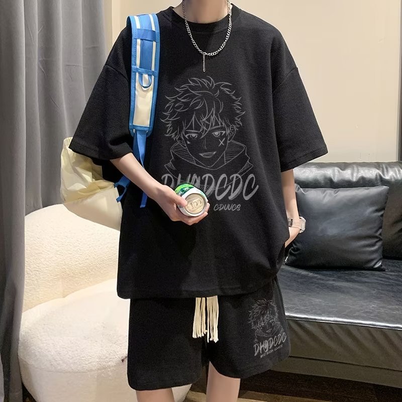 Men's Summer suit 2023 New Waffled Casual Clothes Ins Fashionable Thin Loose Wear Set