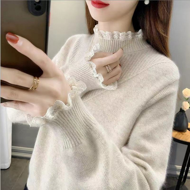 Women's Outer Wear Sweater Autumn and Winter New Half-turtleneck Lace Stitching Knitted Base Shirt Women's Inner Fashion