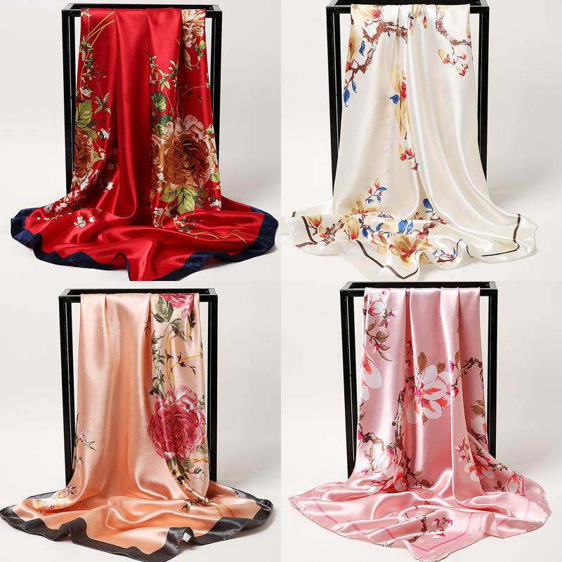 Summer Sun Protection Small Silk Scarf for Women, Versatile 90×90cm Large Square Scarf, Neck Protector, Simulated Silk Scarf, Thin Gauze Scarf