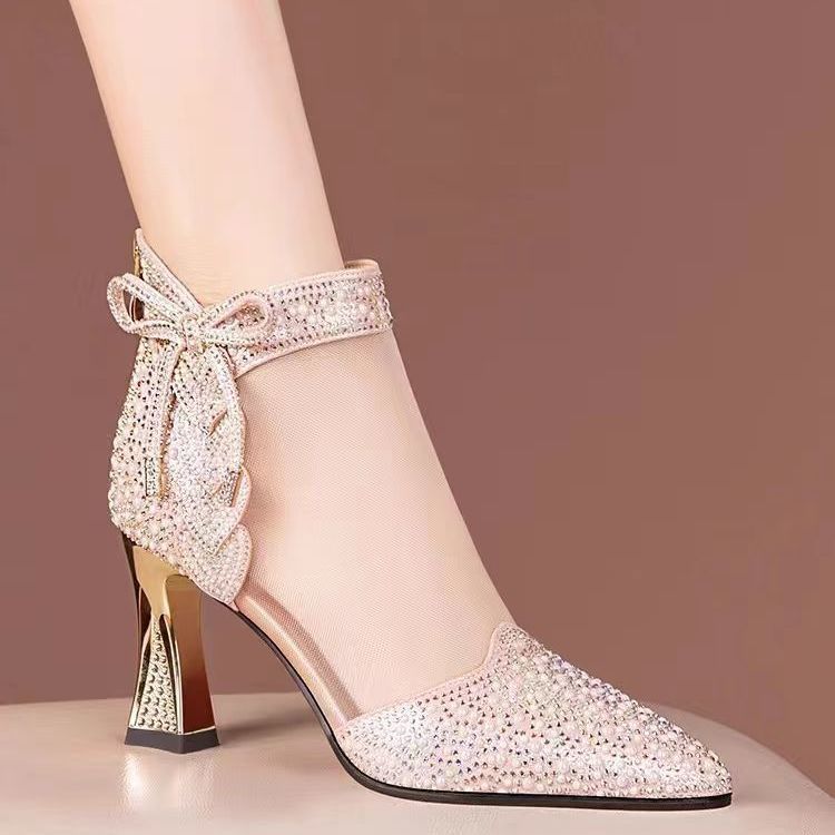 Pearl Rhinestone High-heeled Mesh Boots Women's Hollow Thick Heel Fashion Love Cheongsam Breathable Mesh Sandals Women's Summer Sandals