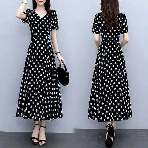 Summer 2025 New Fashionable Polka Dot Chiffon Dress with Slim Waist and Stylish Long Knee-Length Skirt
