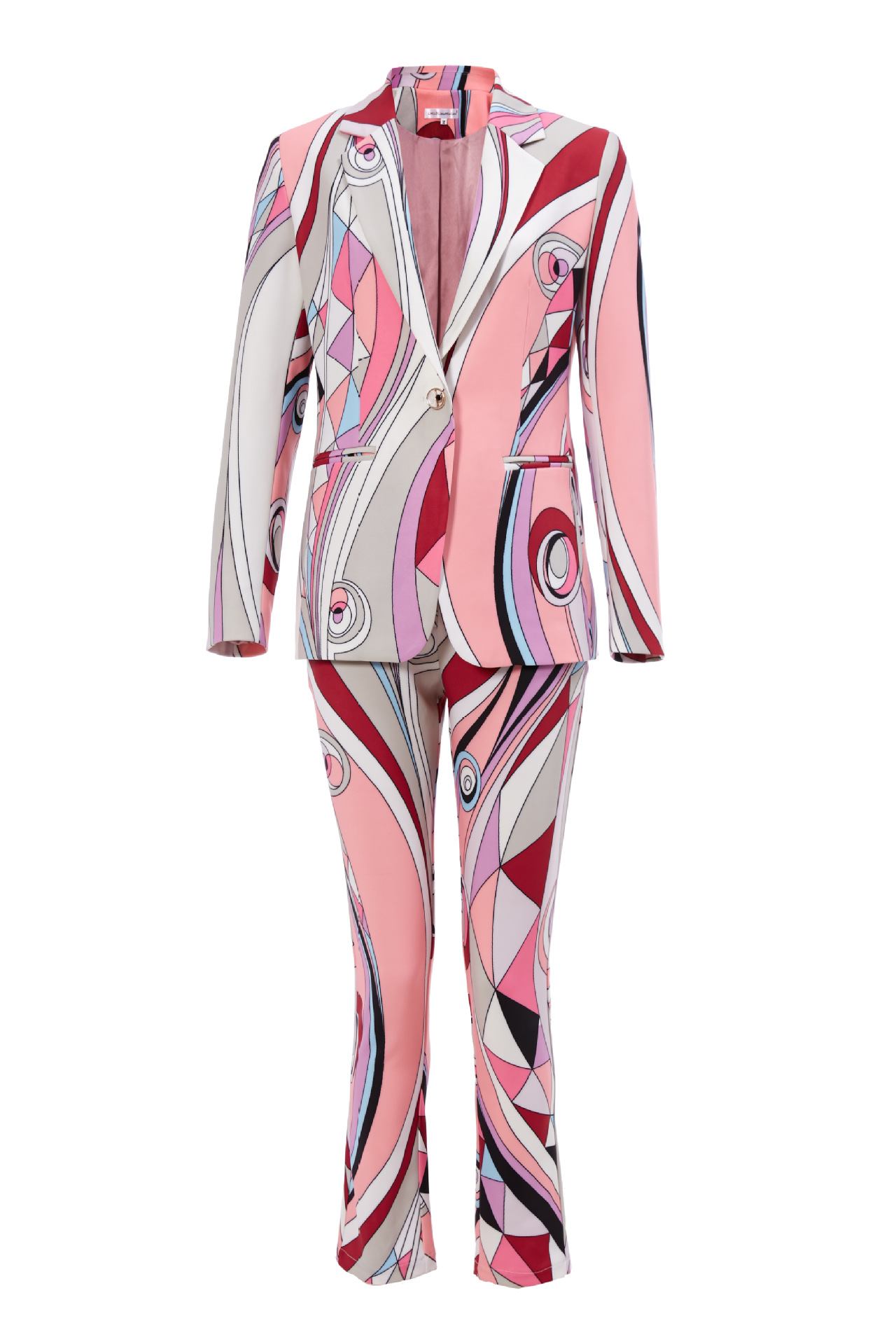 Picture of Guo'Er Spring and Autumn Quality Slim-Fit Women's Pants Suit European and American Cotton Print Elegant Pink One-Button V-Neck Suit Set