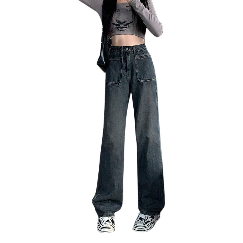 Design pocket high waist jeans Women's American-style blue gray loose casual pear-shaped niche mop wide leg long pants