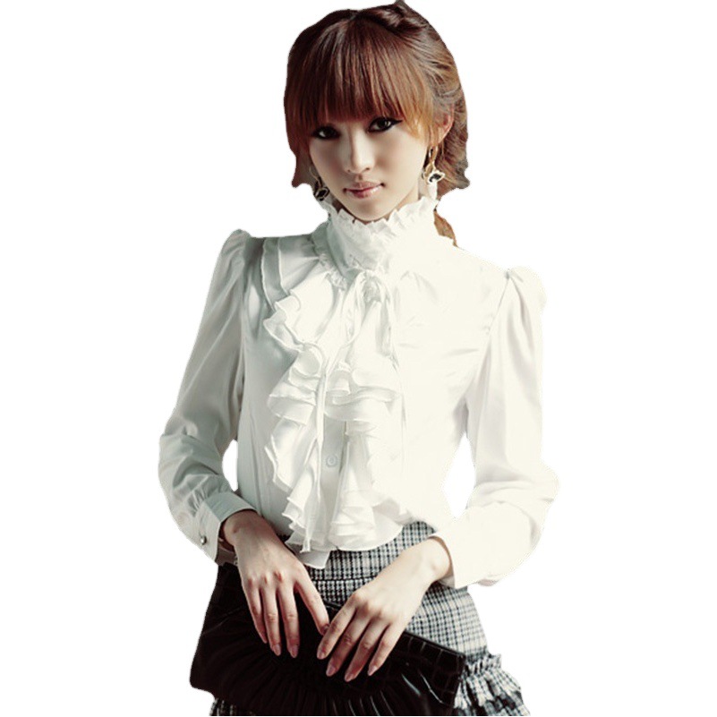 2024 Spring and Summer New Women's Shirts Long-Sleeved Chiffon Shirts Large Size White Shirts Stand-Up Collar Lace Girls Palace Shirts