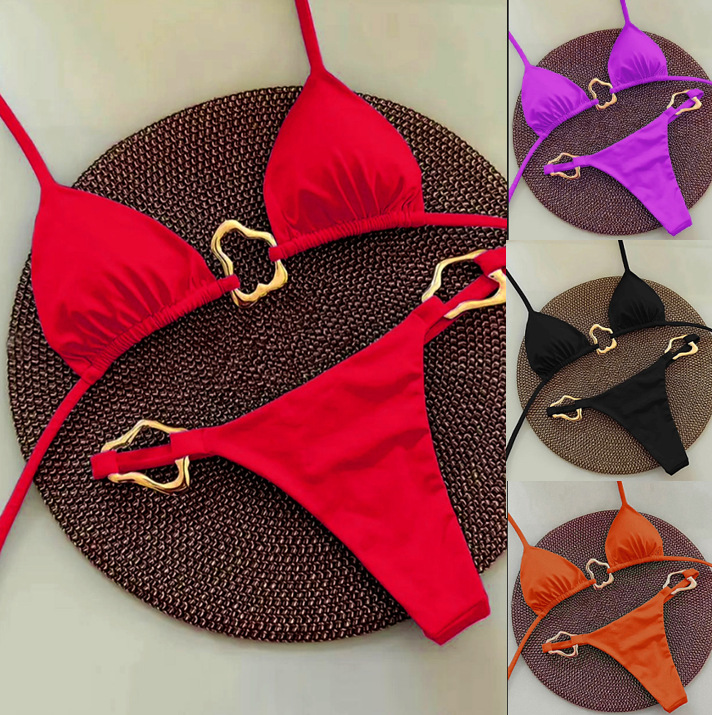 2024 New Bikini Sexy European and American Bikini Pure Color Lace Cross-Border Split Women's Swimsuit Swimsuit for Women