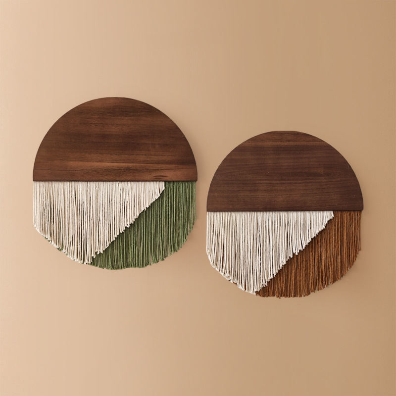 Picture of Bohemian Style Semicircular Wooden Board Tassel Tapestry B&B Cotton Tapestry Background Handmade Wall Hanging Woven Tapestry
