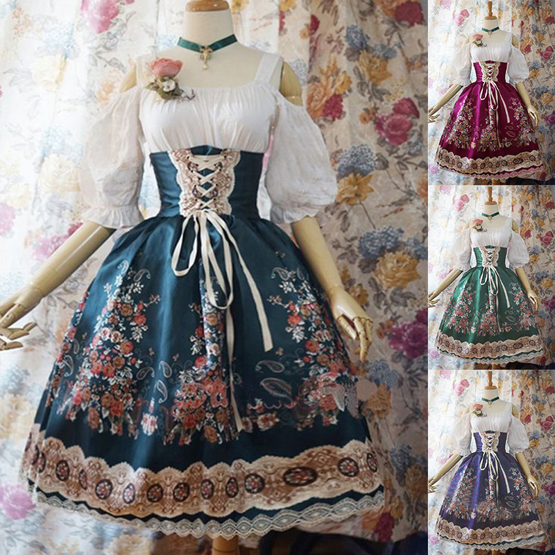 2021 European and American Cross-border Retro Printed dress Princess Lantern Dress Amazon Trend Explosions White Stitching