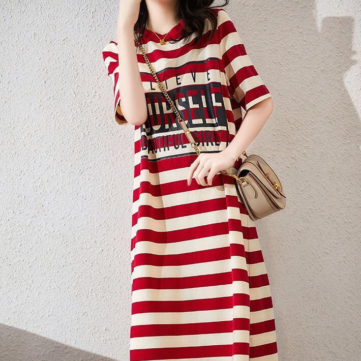 Picture of Maternity clothing summer loose slimming striped printed t-shirt dress Korean style mid-length maternity dress summer clothing