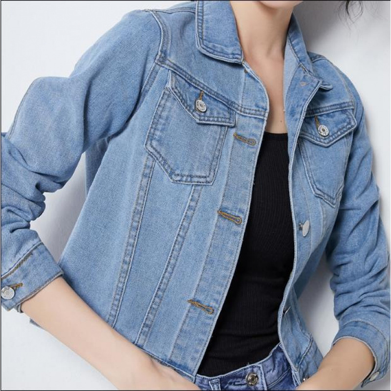 Blue Short Denim Tops Student Tops Denim Shirt Spring Autumn Solid Color Long Sleeve Women's Top
