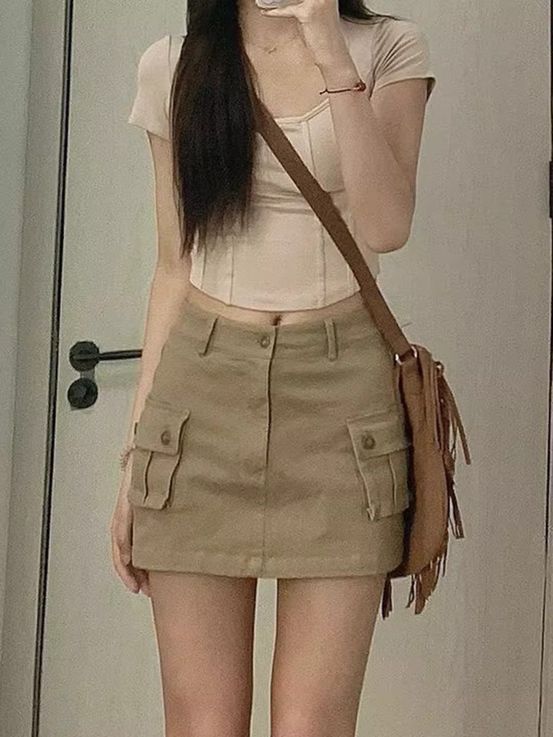Tooling Denim Skirt Women's Autumn 2023 New High Waist Slimming A- Line Skirt American Style Hip Skirt Ins