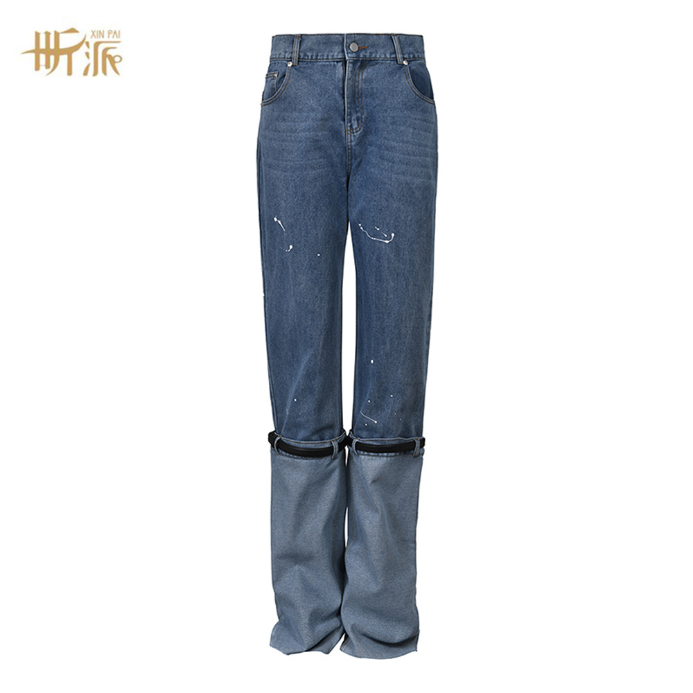 Cross-Border 2023 Spliced Washed New Strap Design Jeans Summer Dot Paint Contrast Casual Pants for Women
