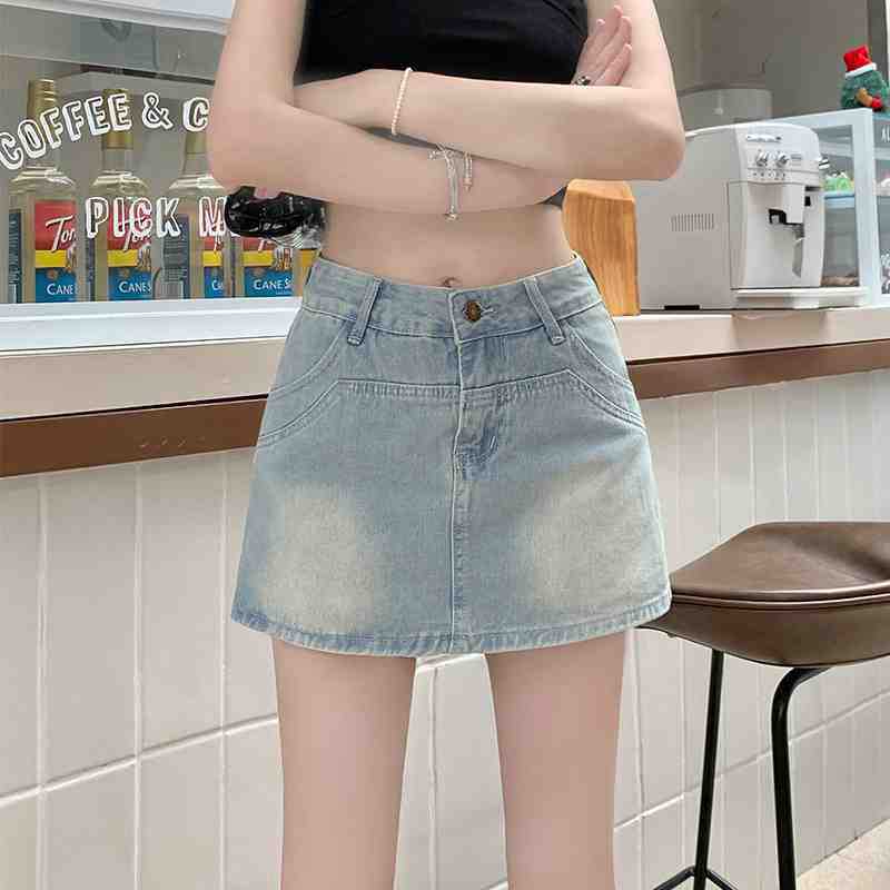 American Style Retro Hot Girl Denim Skirt Women's Summer Anti-walking Sheath Skirt High Waist Slimming A- line Short Skirt