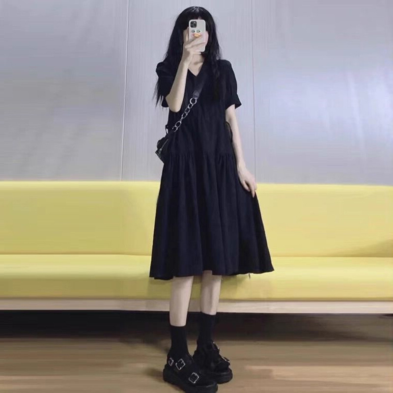 Picture of Women's Summer Solid Color Drawstring Niche Design Sense V-Neck Korean Style Gentle Style Temperament Advanced Sense Black dress