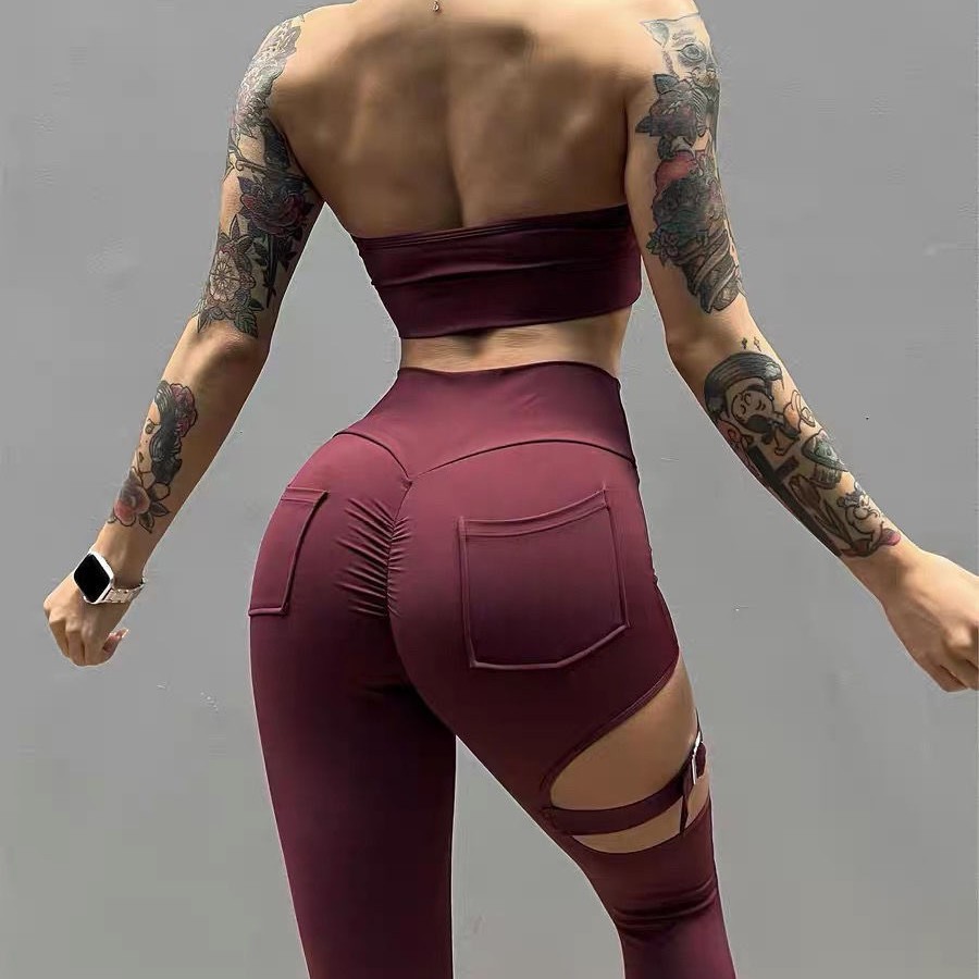 Sexy Yoga Sports Running Pocket Trousers Women's Quick-drying Naked Hip Tight Pants Metal Buckle Hollow-out Fitness Pants