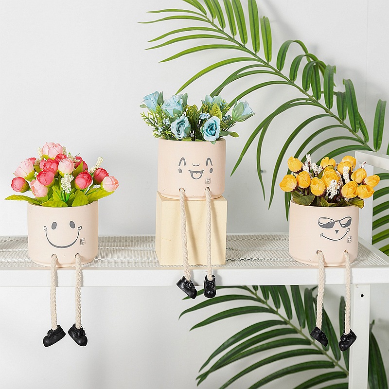 Picture of Creative Expression Hanging Feet Doll Ceramic Flower Pot Artificial Flower Potted Plant Green Plant Indoor Balcony Desktop Decoration Crafts