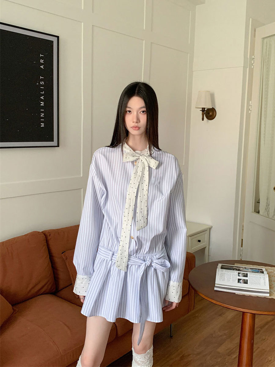 Striped dress Women's Design Sense Niche Stitching Contrast Color Tight Waist Slimming Casual All-match Hot Girl Short Dress Shirt Dress