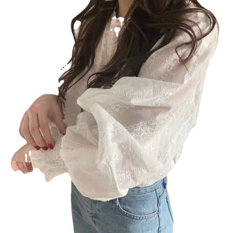 Picture of Korean ins Sweet Style Girl Spring and Autumn Fresh Age-reducing Lace Gouhua Lantern Long-sleeved Shirt Top for Women