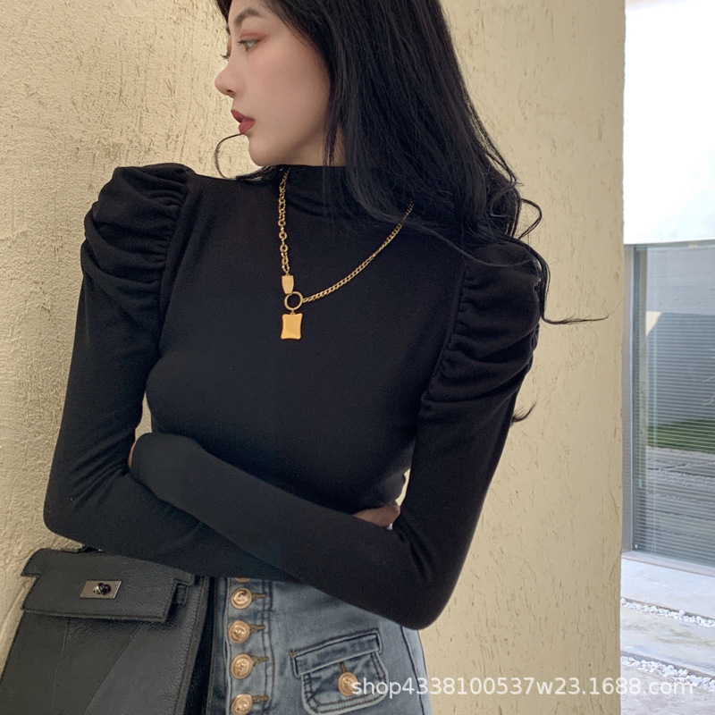 Half-high Collar Chic Base Shirt Women's Slim-fit Design Sense Niche Puff Sleeve Long-sleeved T-shirt Shoulder Fashion