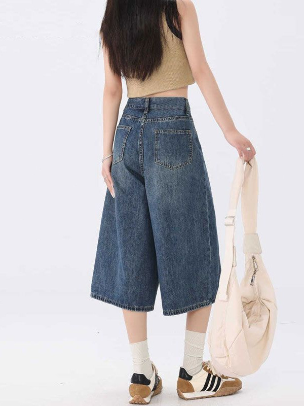2025 New Wide-Leg Cropped Jeans for Women, Summer Thin High-Waisted Relaxed Lazy Style Straight Mid-Length Pants