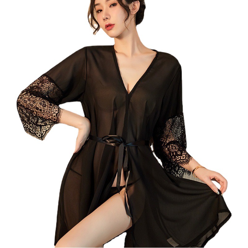 Women's Plus Size Pajamas Women's Perspective Cardigan Lace-Up Nightdress Teasing Japanese Style Sexy Home Clothes Sexy Underwear Set