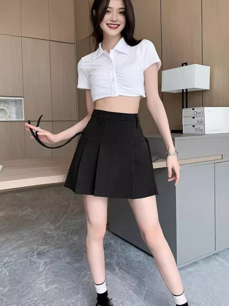 High Waist Irregular Lace-Up Anti-Light Summer chubby girl Gray plus size Small Women's Pleated Skirt A- Line Women's Clothing Spring