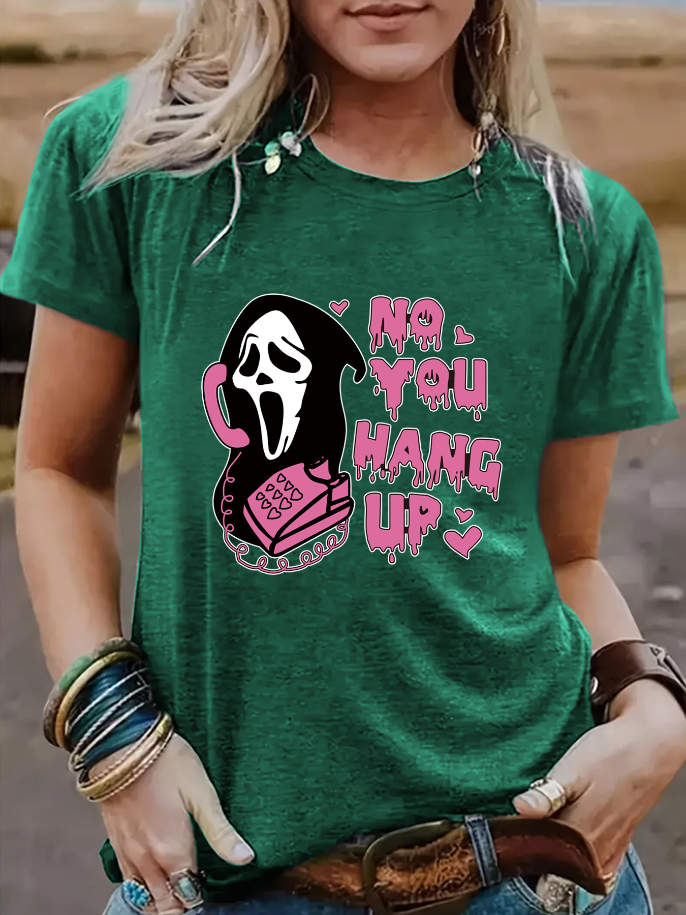 European and American Summer Women's Ghost Phone Pattern Crewneck Short Sleeve Casual Fashion Foreign Trade Explosions T-shirt Halloween