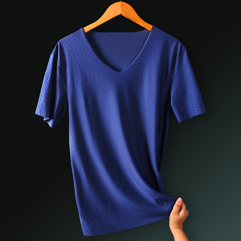 Ice Silk Traceless Short-sleeved T-shirt Men's V-neck Summer Thin Stretch Slim-fit Top Grid Quick-drying Sports Half-sleeved T-shirt