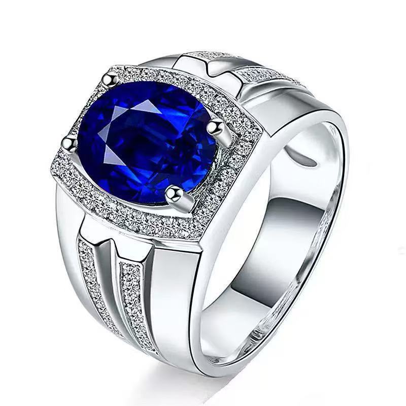 Picture of Hot Sold to Diamond Blue Diamond Men's Ring Myanmar Imitation Natural Sapphire Ring Plating 18K Gold Inlay Popular Ring