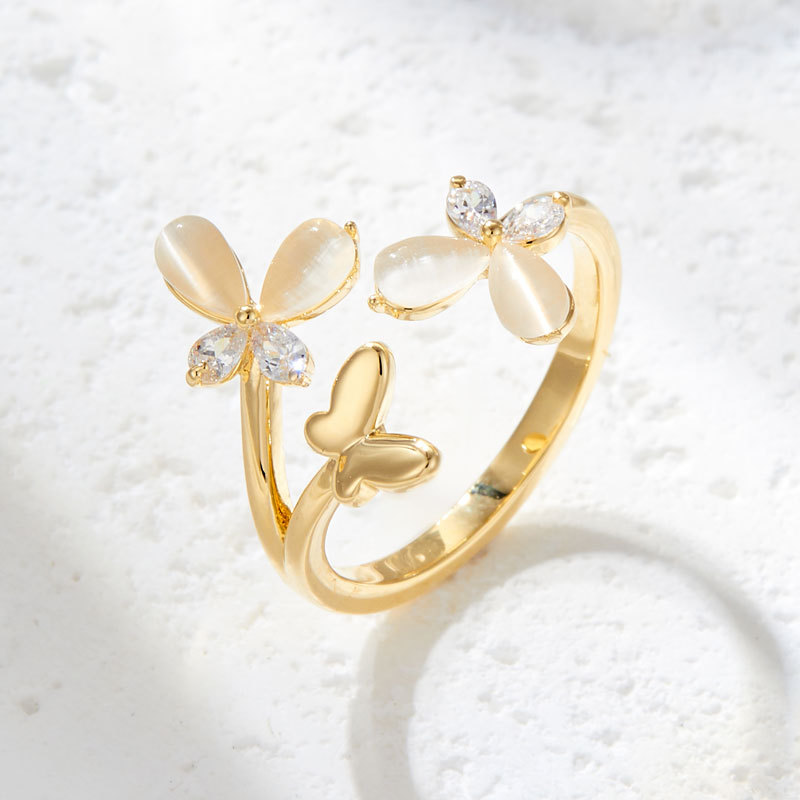 New All-match Adjustable Opel Butterfly Ring Niche High-end Open Finger Ring Fashion Exquisite Finger Ring