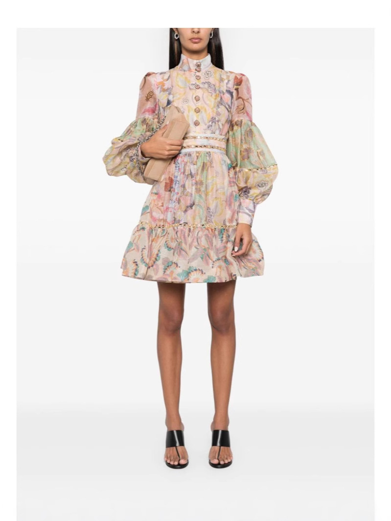 Cross-border foreign trade 2025 spring and summer new retro court style small stand collar bubble lantern sleeve waist mini dress