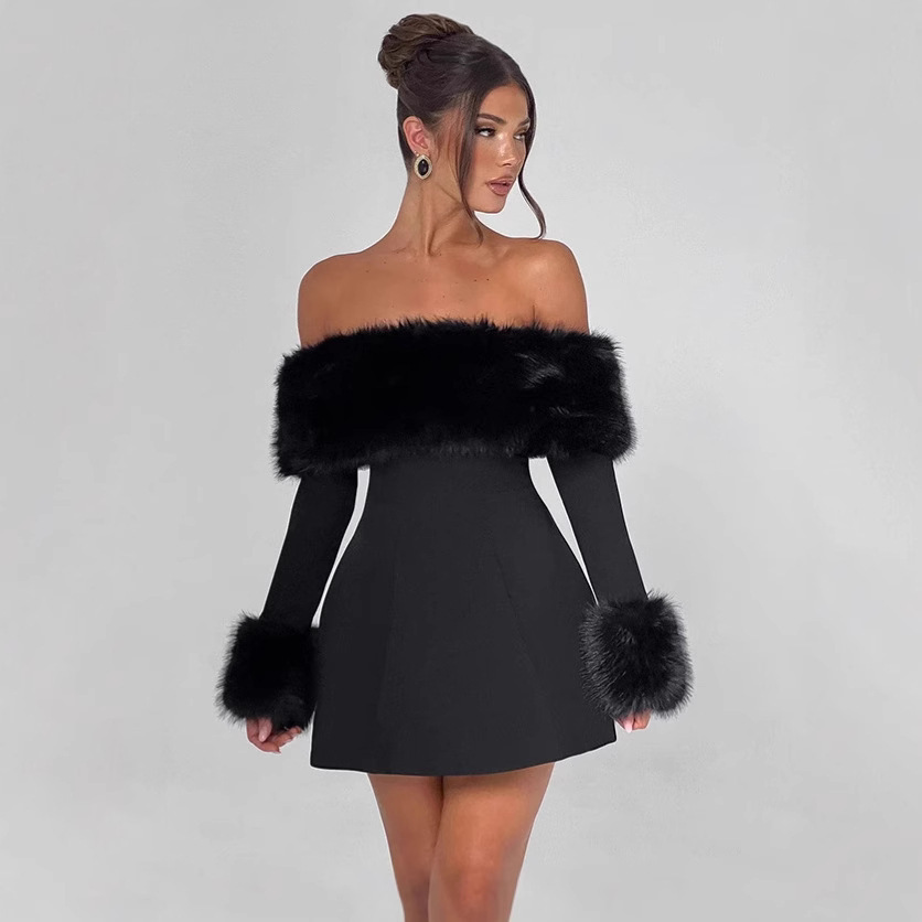Foreign trade women's winter new elegant one-word collar Mao Mao stitching open shoulder design tight high waist dress wholesale