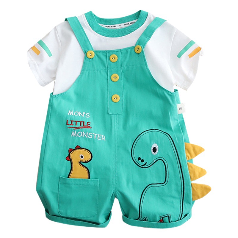 Boys' summer dinosaur suspenders suit 2023 new boys summer clothes baby children's short sleeve two-piece set