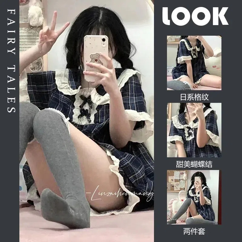 Pajamas for Women Summer Pure Lust Style Pajamas Japanese Style ins Style Lace Short Sleeves Sexy Cute Doll Collar Home Clothes