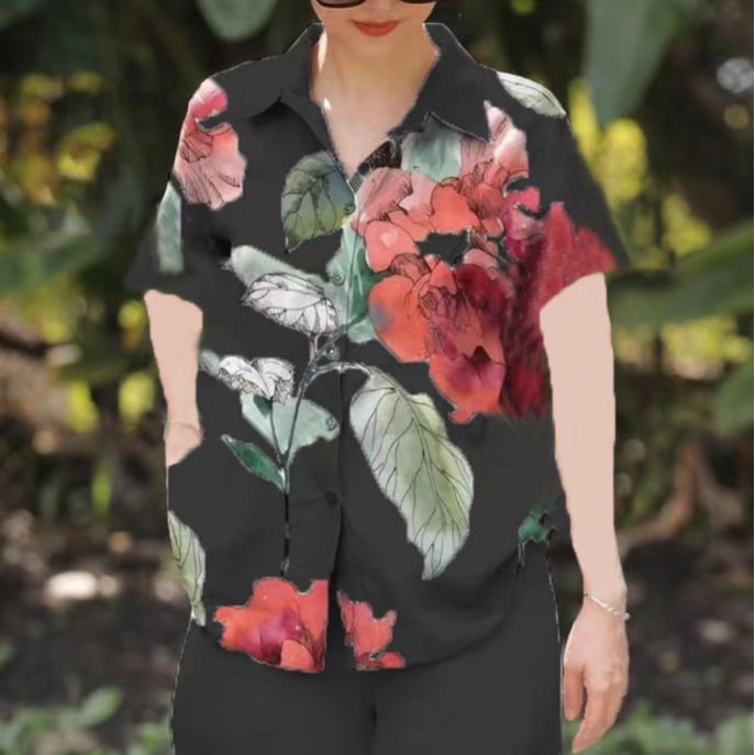 Picture of Amazon Spring and Summer plus size Loose chubby girl Elegant Casual Stylist Age-reducing Printed Shirt with Short Sleeve Lel