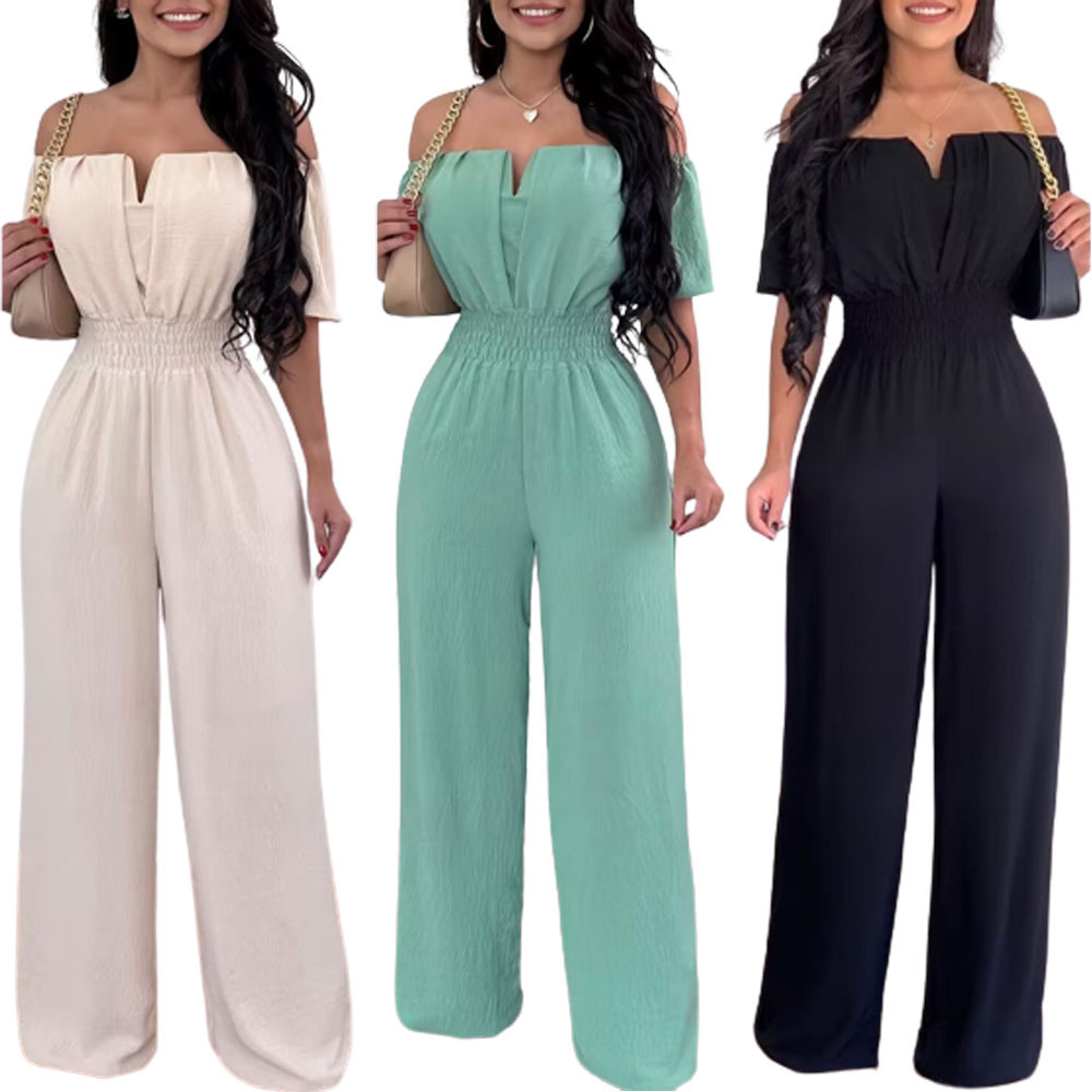 European and American Cross-border Amazon One-character Collar Waist Loose Straight Pants Women's V-neck All-match Working Women's Pants